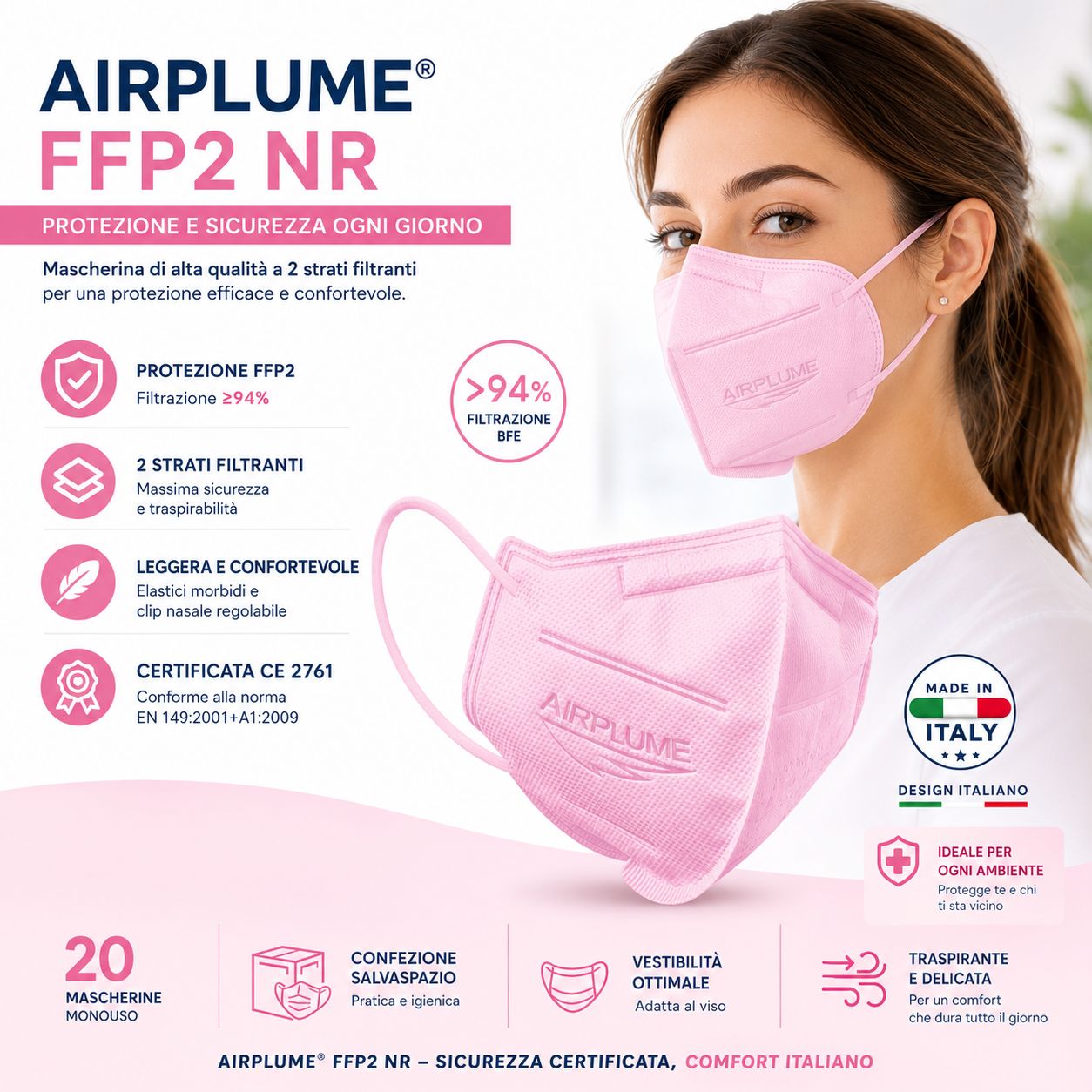 Zwei rosafarbene AIRPLUME FFP2 NR Masken, CE 2761 zertifiziert, mit 2 Filtereinlagen und über 94% Filtration.