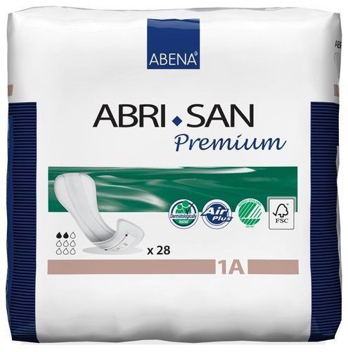 Verpackung von Abena Abri-San Premium Einlagen. Weiß-blaue Verpackung mit Produktabbildung und Text. Enthält 28 Stück. FSC-zertifiziert.