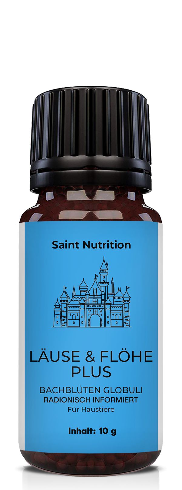 Braune Glasflasche mit schwarzem Deckel. Blaues Etikett mit Text: Läuse & Flöhe Plus, Bachblüten Globuli, Saint Nutrition. Inhalt: 10 g.