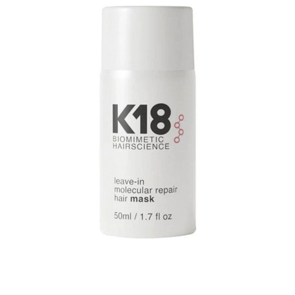 Weiße Flasche mit K18-Logo und Text. Enthält "leave-in molecular repair hair mask". Volumen: 50ml / 1.7 fl oz.