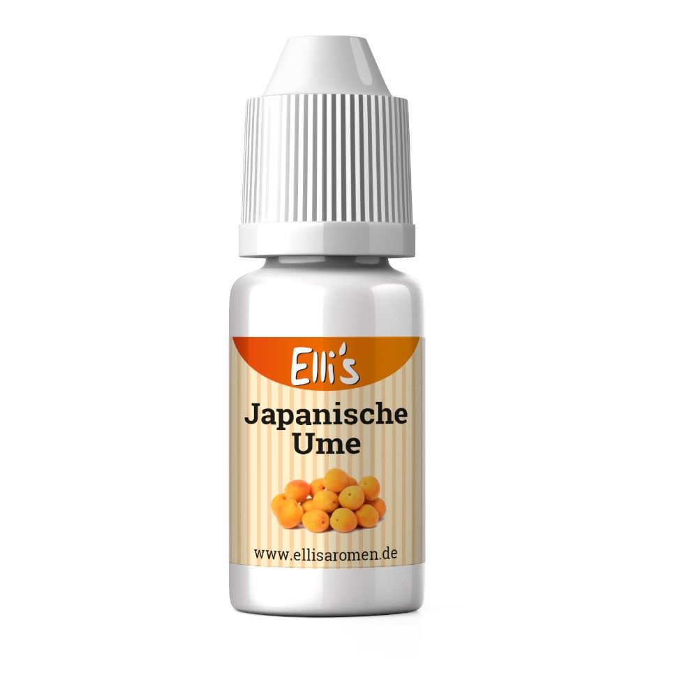 Fläschchen mit weißem Deckel. Aufschrift: Elli's Japanische Ume. Abbildung von gelben Früchten. www.ellisaromen.de.
