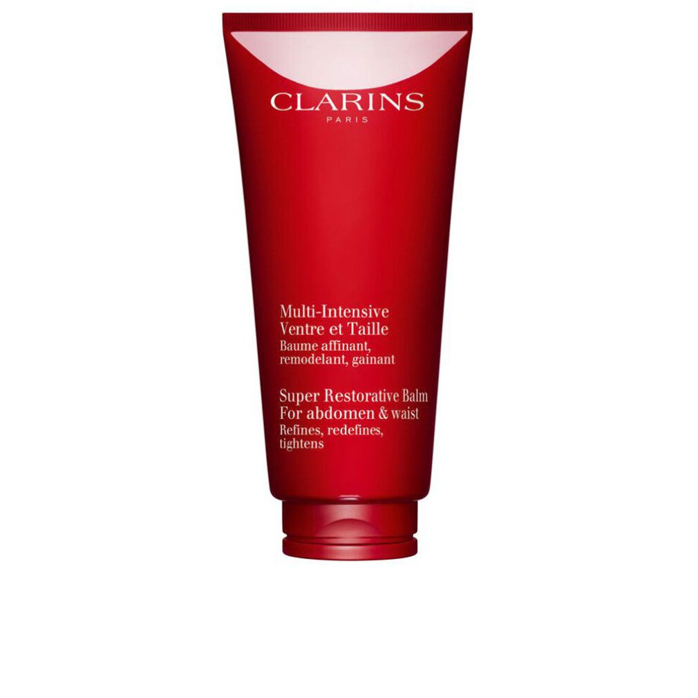 Rote Tube CLARINS MULTI INTENSIVE VENTRE&TAILLE. Weißer Hintergrund.