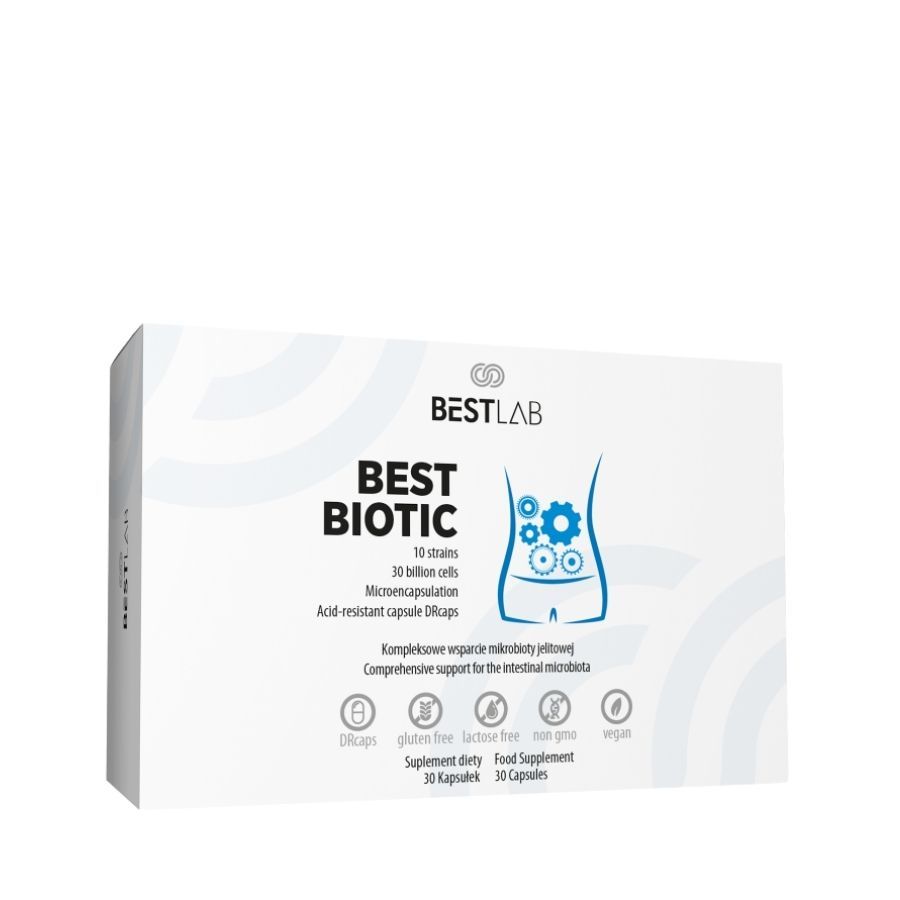 Weiße Schachtel mit "BEST BIOTIC"-Logo und Produktinformationen. Enthält 30 Kapseln. Glutenfrei, laktosefrei, sojafrei.