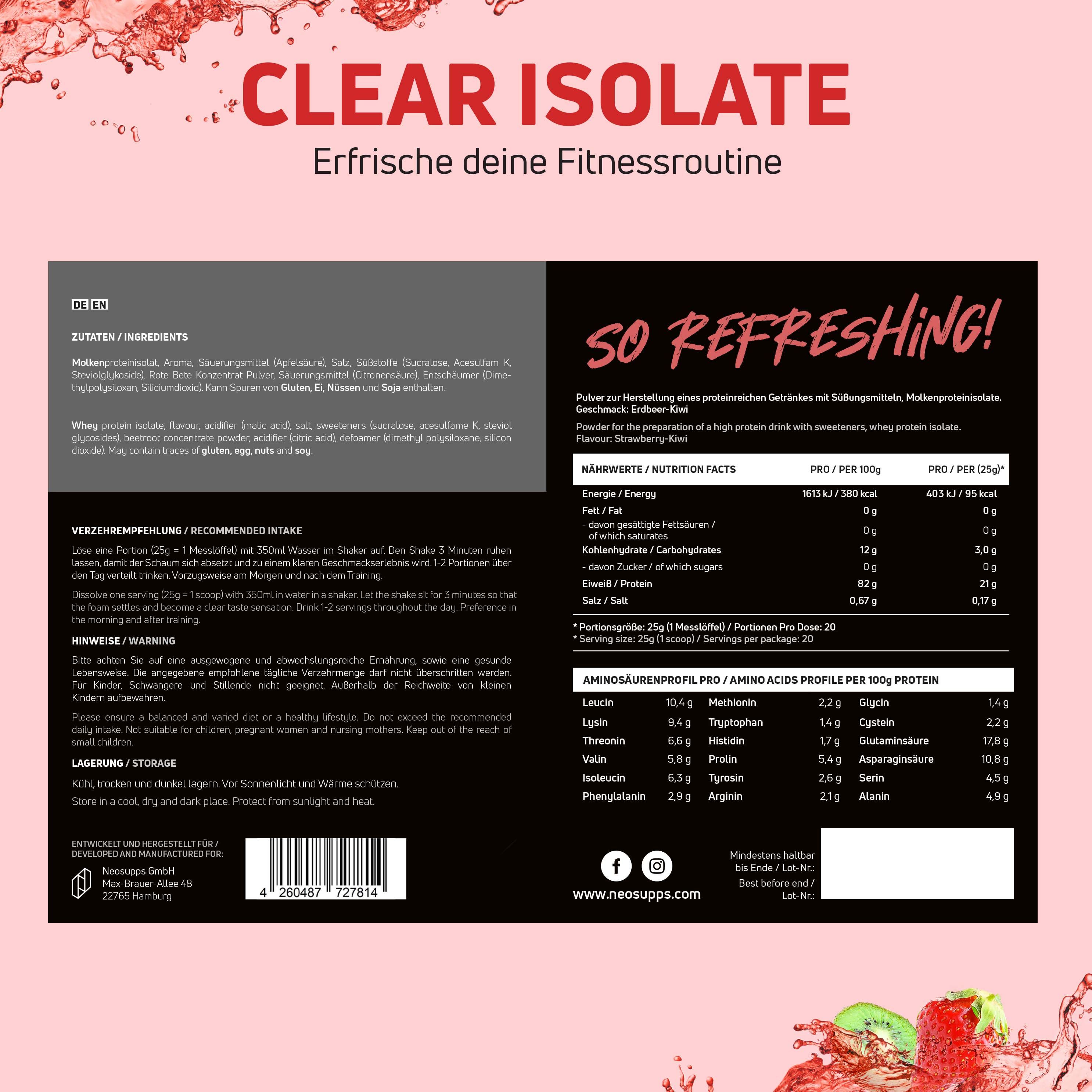 Produktverpackung mit Text: CLEAR ISOLATE. Zutatenliste, Nährwertangaben. Geschmack: Erdbeere-Kiwi.