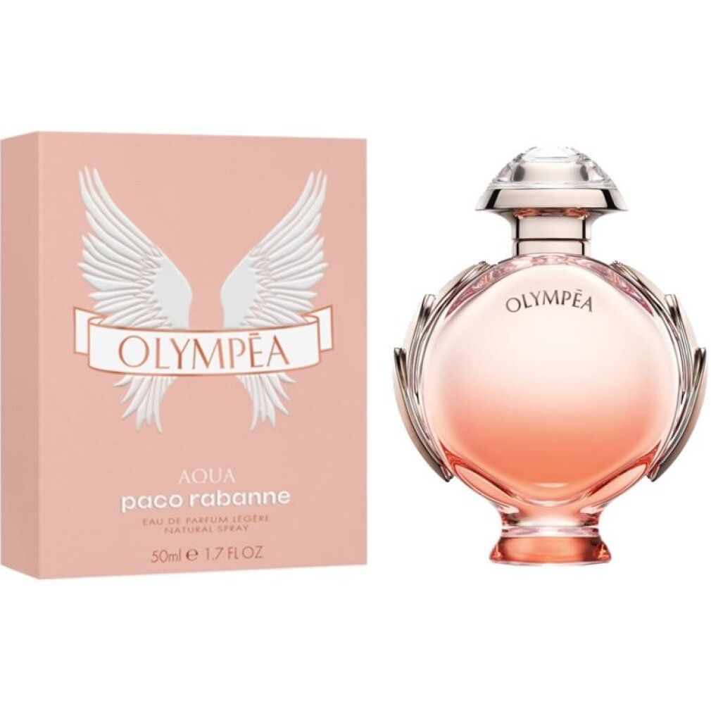 Paco Rabanne Olympea Aqua Eau de Parfum Legere. Flakon und Verpackung. Rosa Farbverlauf.