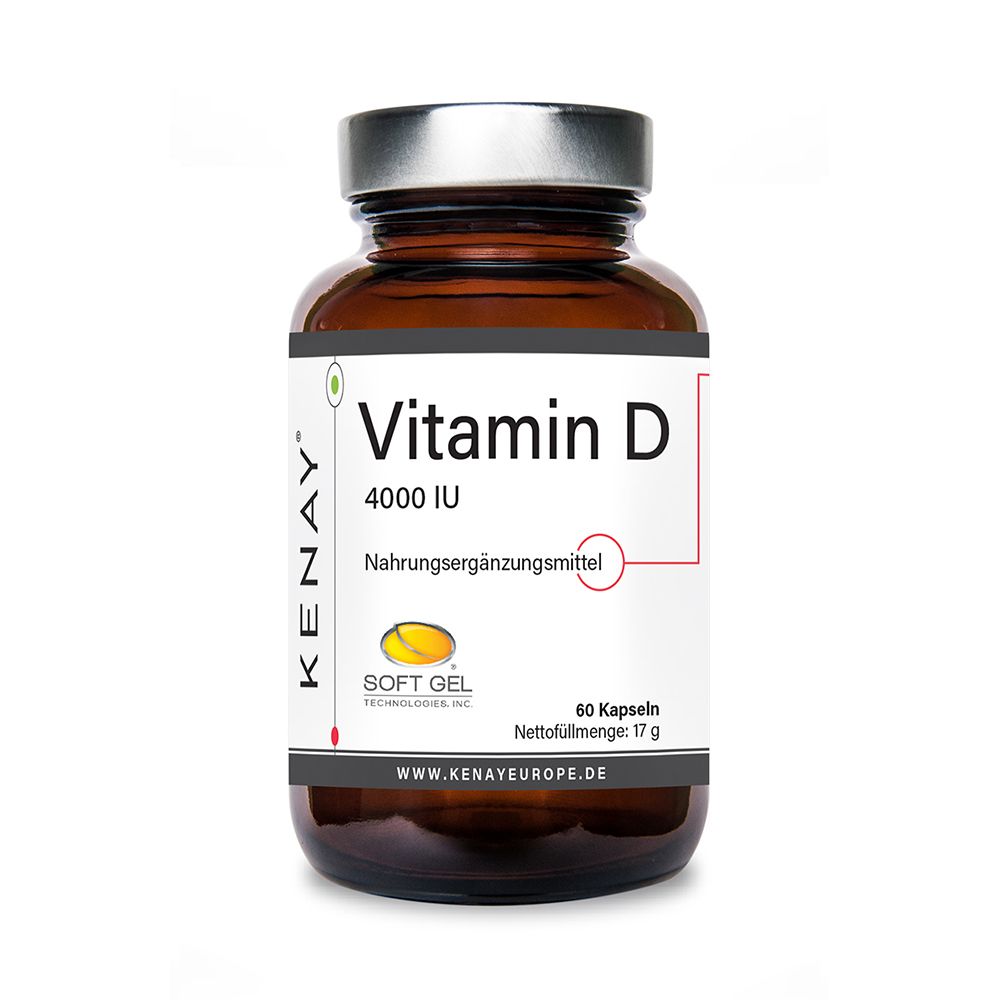 Braune Glasflasche mit Vitamin D 4000 IU Kapseln. Etikett mit KENAY® Logo und Softgel-Technologie. 60 Kapseln.