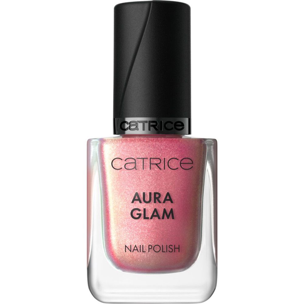 Nagellackflasche mit schwarzem Deckel. Rosa Nagellack mit Aufschrift "Aura Glam" und "Nail Polish".