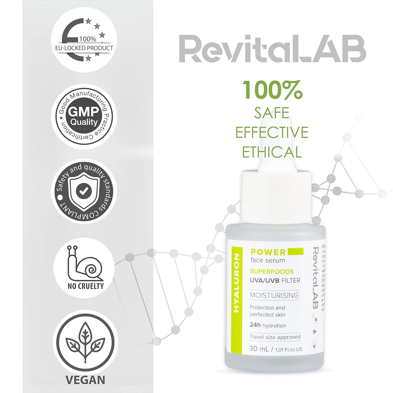 Serumflasche mit Pipette. Produktinformationen und Logos. Text: 100% safe, effective, ethical. Zertifizierungen.