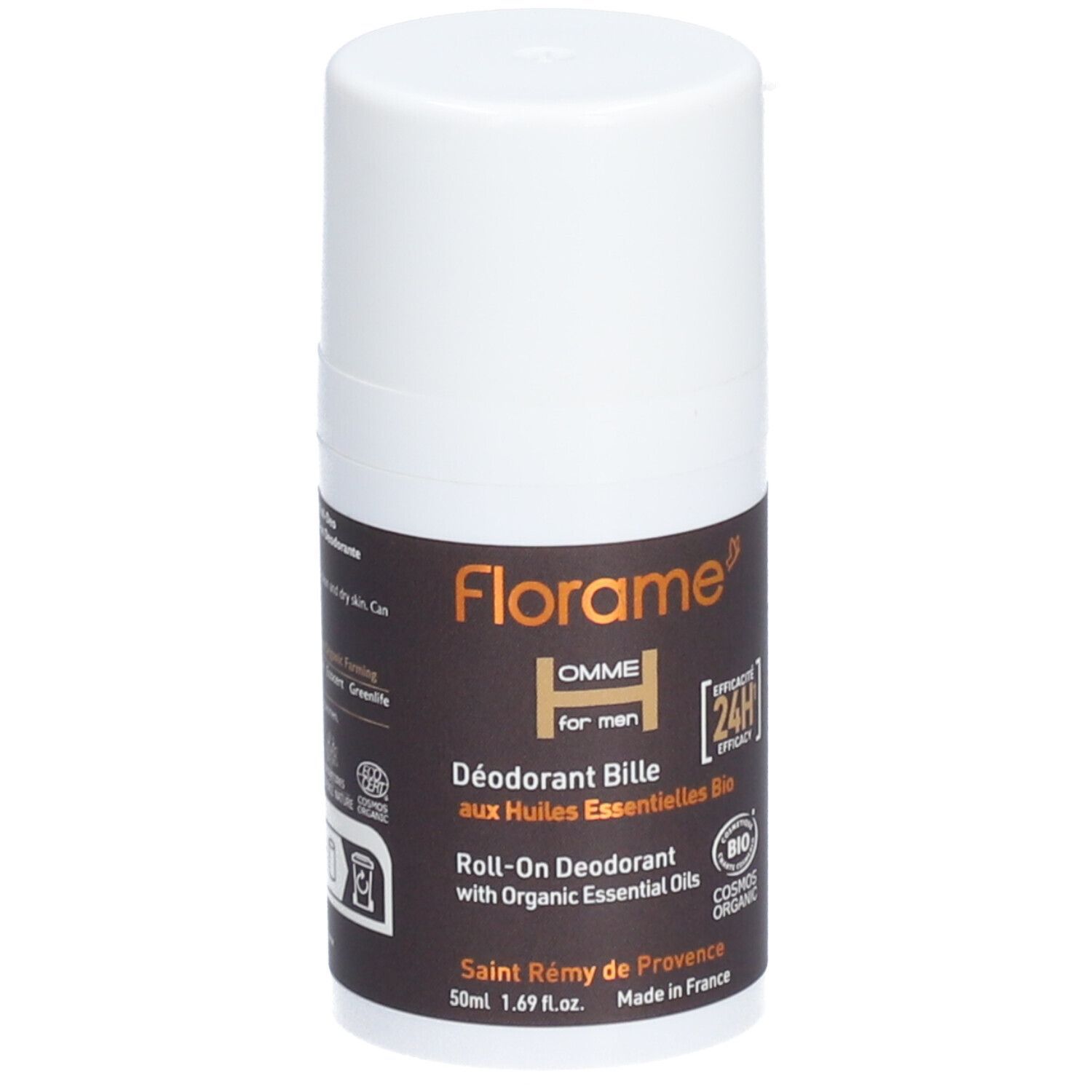 Roll-on-Deo für Männer. Weißer Behälter mit braunem Etikett. Text: Florame, HOMME, 24h, Bio-Zertifizierung.