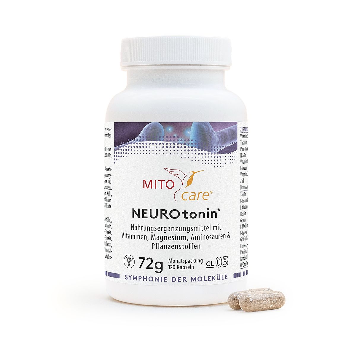 Weiße Dose mit Etikett 'MITOcare NEUROtonin', 72g, 120 Kapseln. Zwei Kapseln liegen daneben.