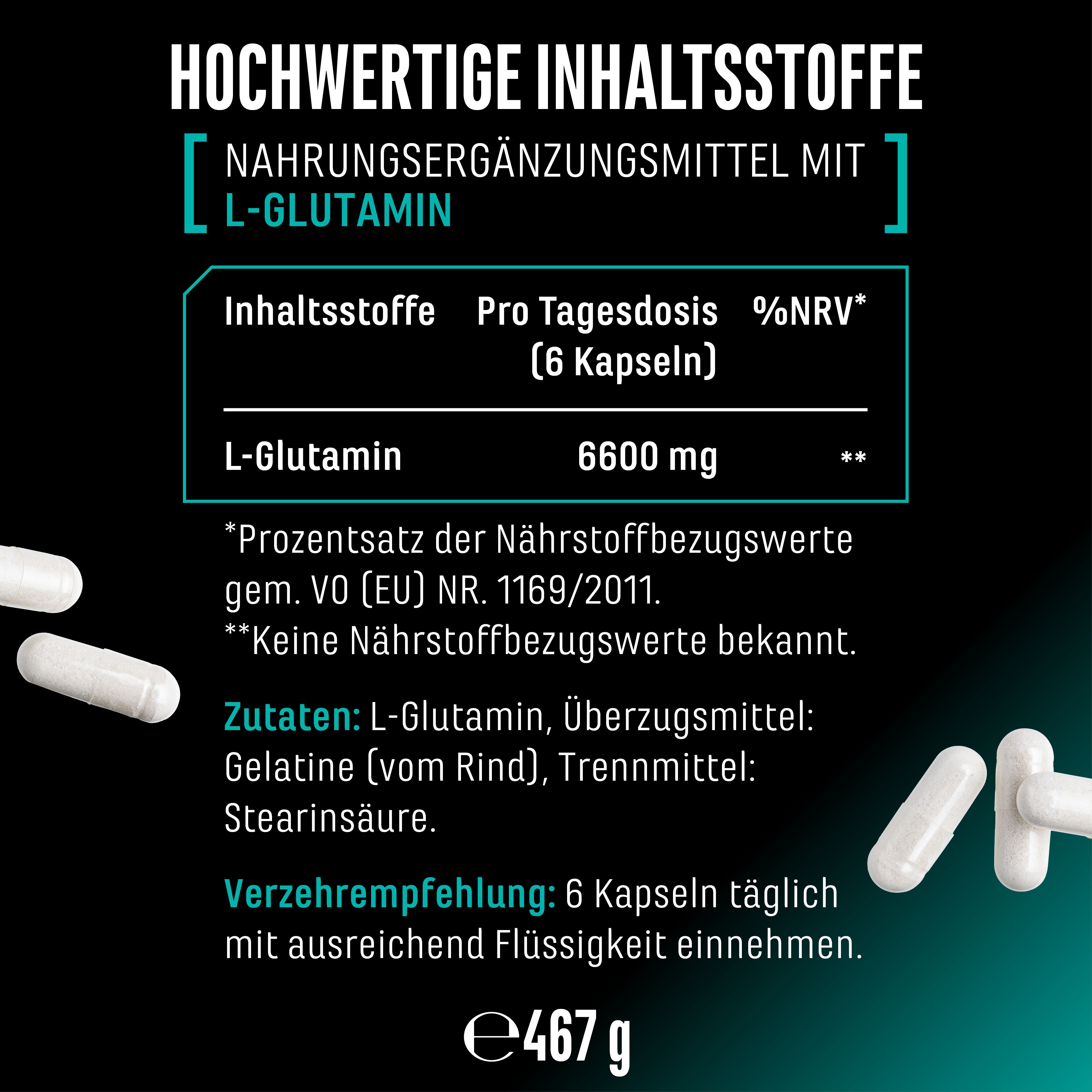 Text: Hochwertige Inhaltsstoffe, Nahrungsergänzungsmittel mit L-Glutamin. Inhaltsstoffe, Pro Tagesdosis, Zutaten, Verzehrempfehlung, Gewicht.