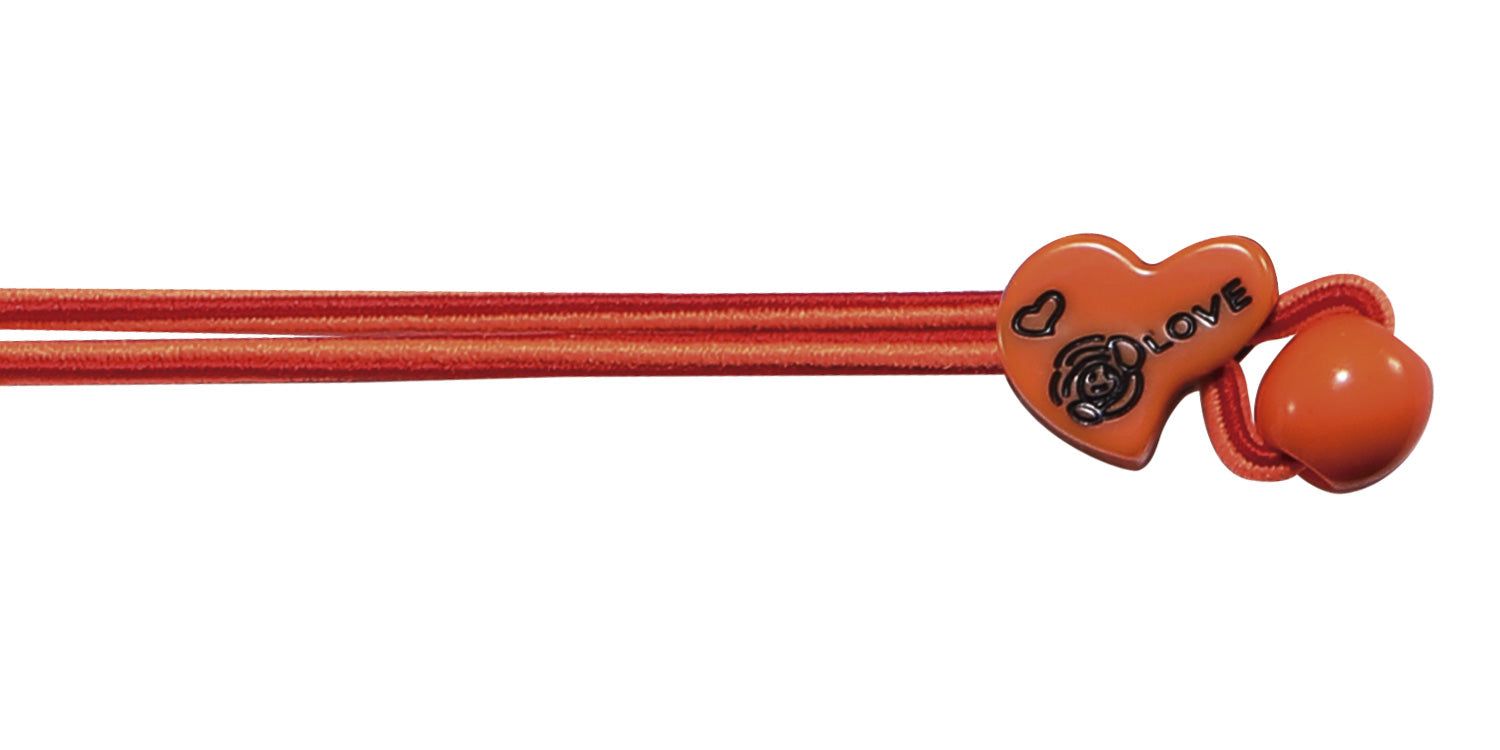 Oranges Brillenband mit Herz-Detail. Herz mit Rose und Schriftzug. Runder Verschluss.