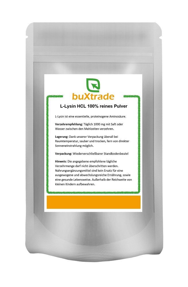 Beutel mit L-Lysin HCL Pulver. Aufschrift: buXtrade, L-Lysin HCL 100% reines Pulver. Grün-weiße Verpackung mit Text.