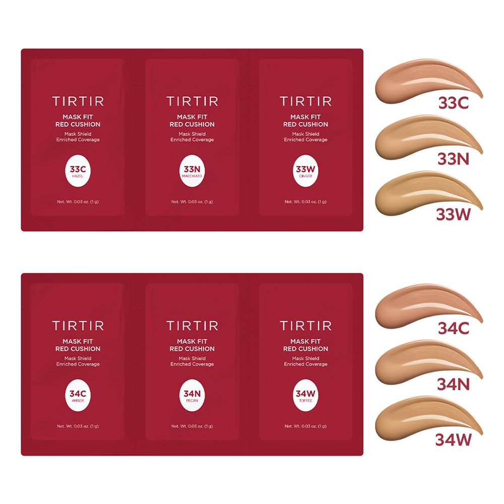 Drei Einzelverpackungen und Farbmuster. Text: TIRTIR Mask Fit Red Cushion. Farbvarianten: 33C, 33N, 33W, 34C, 34N, 34W. Farbmuster auf weißem Hintergrund.