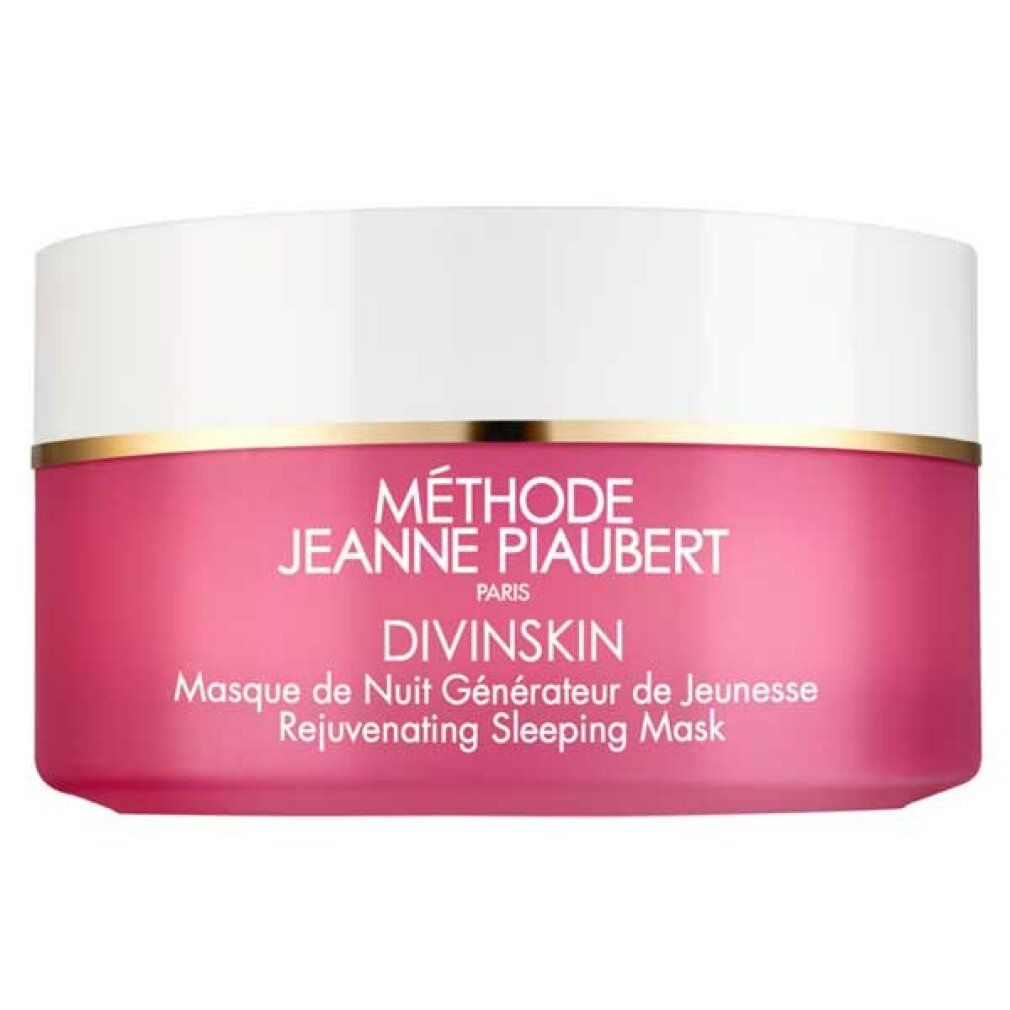 Rosa Tiegel mit weißem Deckel. Goldener Rand. Schriftzug: Méthode Jeanne Piaubert, Divinskin, Masque de Nuit Générateur de Jeunesse, Rejuvenating Sleeping Mask.