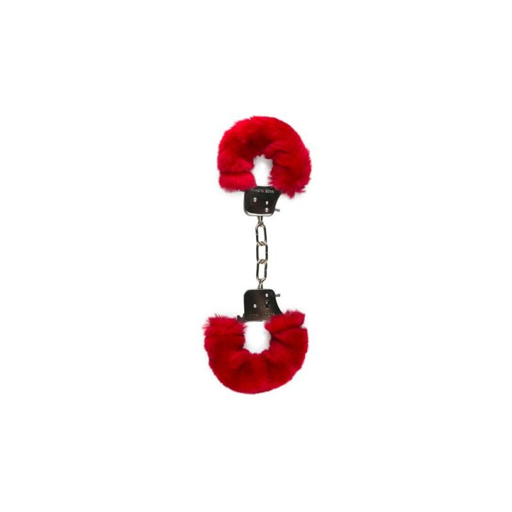 Rote, plüschige Handschellen. Metallverschlüsse mit Kette. Weiches, rotes Fell um die Handgelenke.