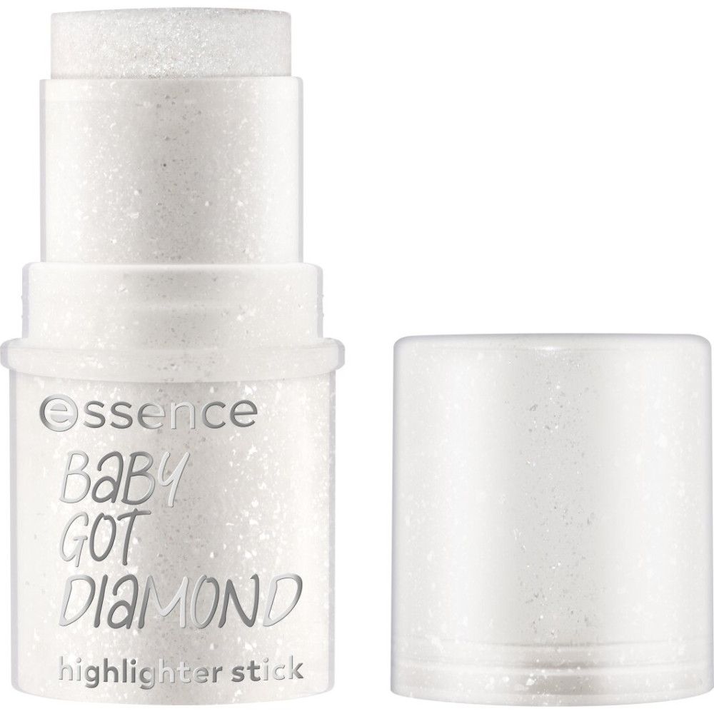 Highlighter-Stick mit Glitzer. Aufschrift: Essence, Baby Got Diamond, Highlighter Stick. Weiße Verpackung mit Deckel.