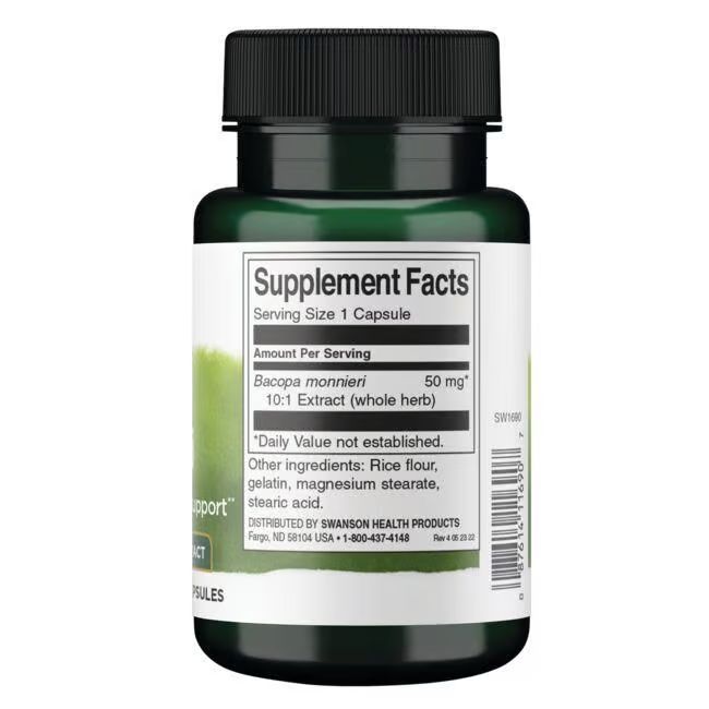 Rückseite der grünen Flasche. Aufschrift: Supplement Facts, Bacopa monnieri, 50 mg, 10:1 Extrakt, 90 Kapseln.