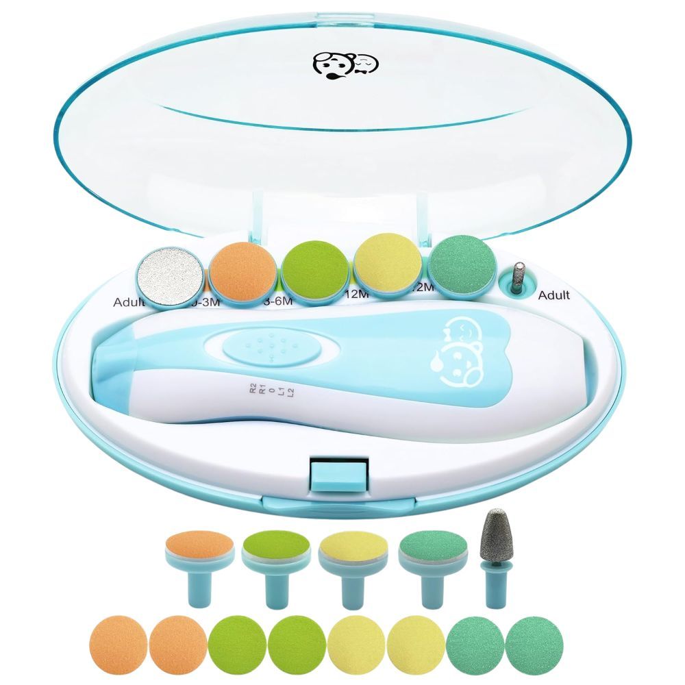 Blaues Baby-Nagelpflegeset mit Etui. Enthält elektrische Feile, Aufsätze für verschiedene Altersgruppen und eine Feile für Erwachsene.