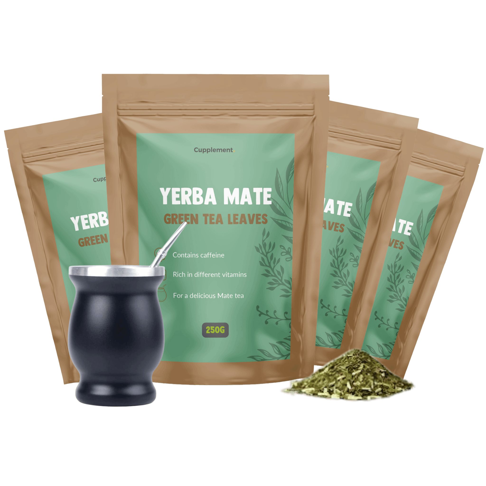 Vier Beutel Yerba Mate, eine Tasse und loser Tee. Aufschrift: Yerba Mate Green Tea Leaves.