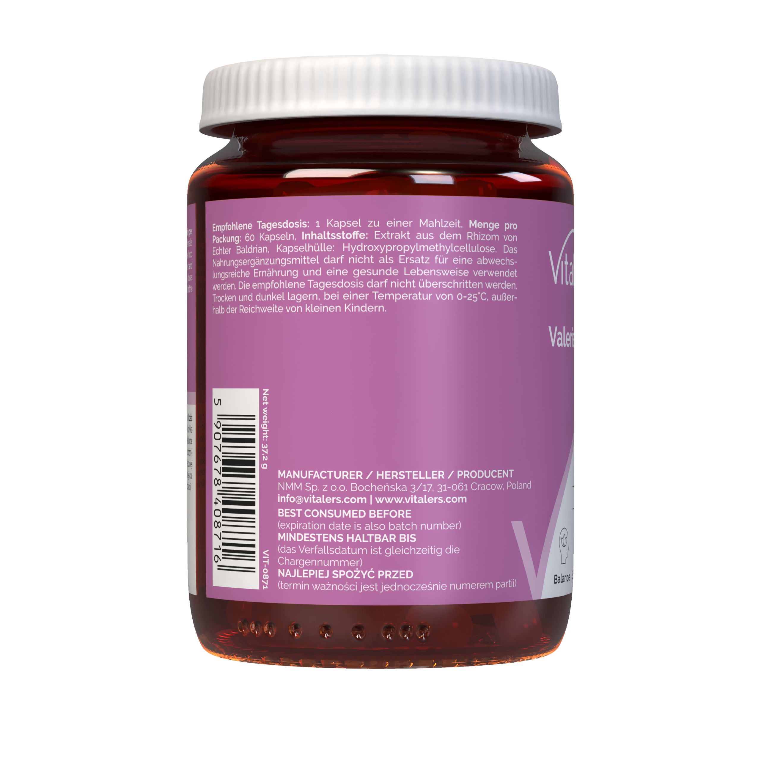 Rückseite eines Vitaler's Baldrian 500 mg Kapselbehälters mit Herstellerinformationen und Mindesthaltbarkeitsdatum.