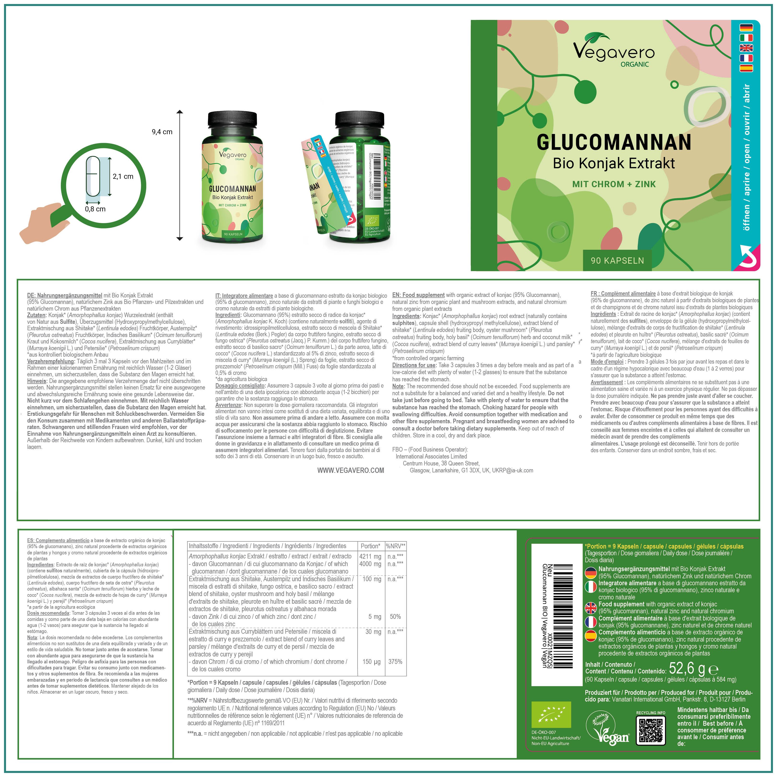 Produktverpackung mit Informationen. Flasche mit Kapseln, Etikett mit Inhaltsstoffen. Text in Deutsch, Französisch, Italienisch, Niederländisch.