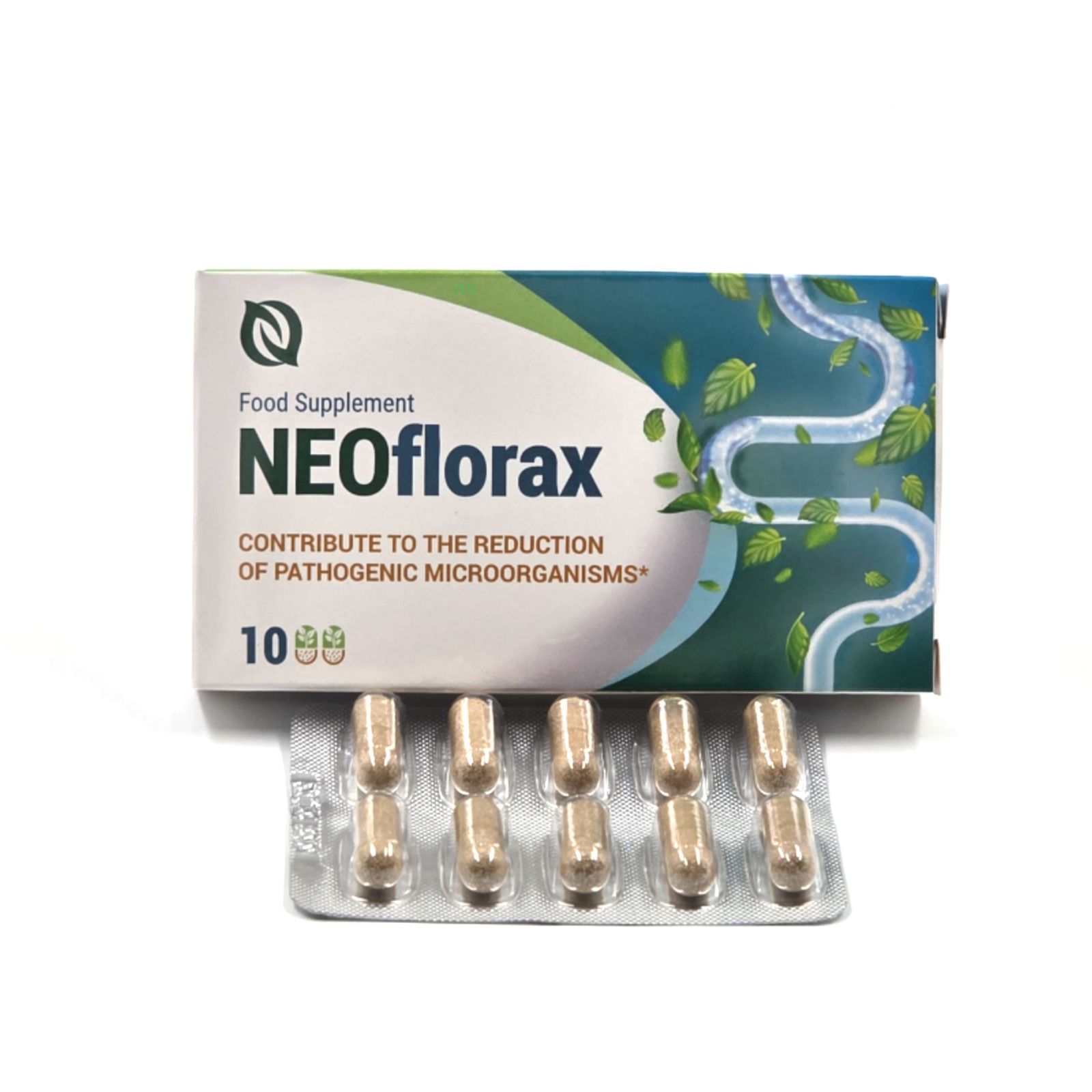NEOflorax-Verpackung mit Blisterpackung. Aufschrift: "Food Supplement", "CONTRIBUTE TO THE REDUCTION OF PATHOGENIC MICROORGANISMS". 10 Kapseln.