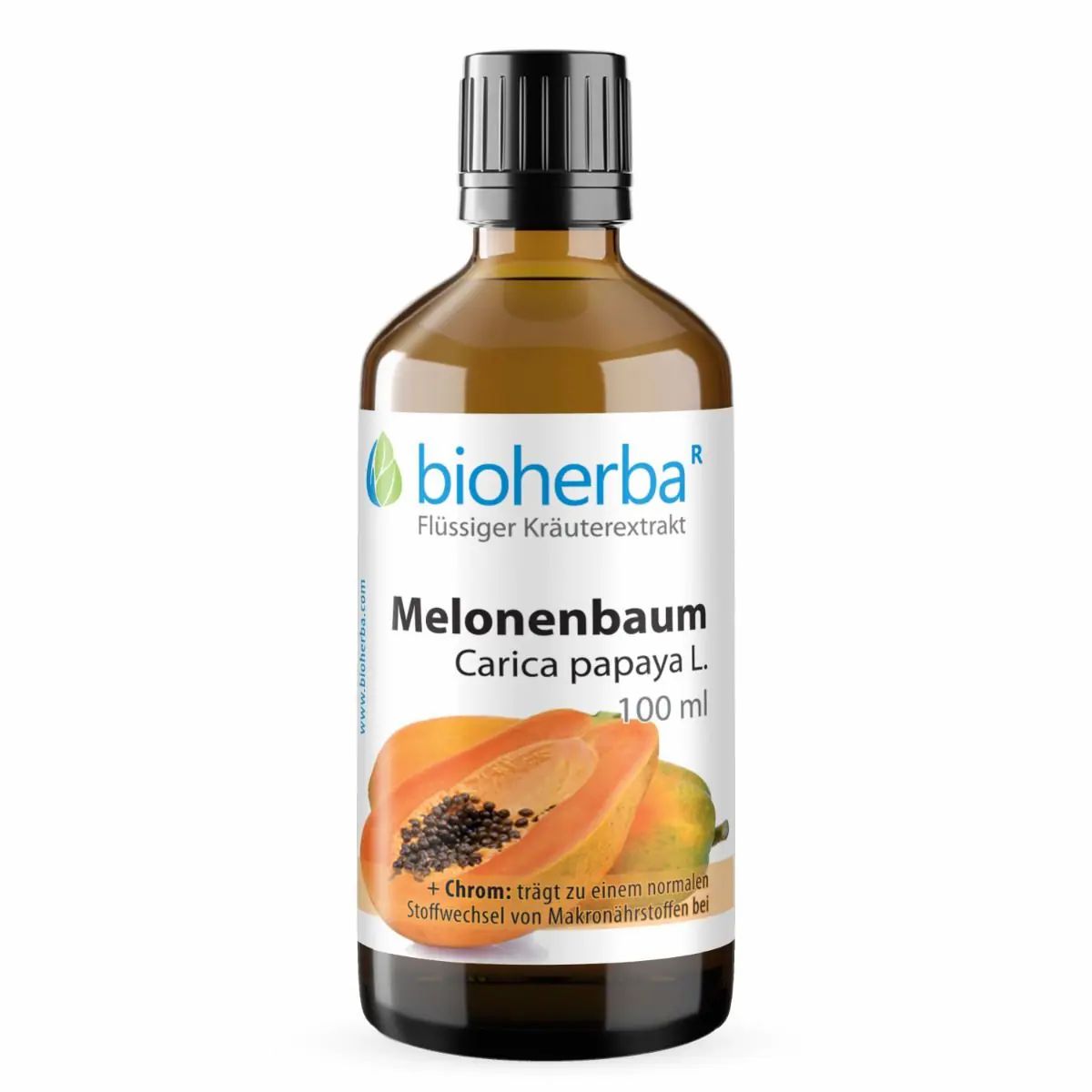 Braune Glasflasche mit schwarzem Deckel. Etikett: Bioherba Melonenbaum Carica papaya L. Tropfen. Abbildung: Papaya-Frucht.
