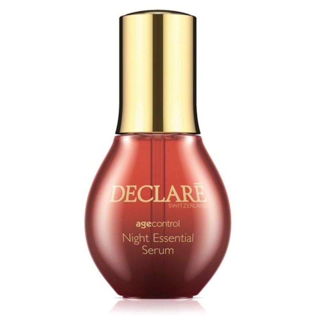 Rote Serumflasche mit goldfarbenem Deckel. Aufschrift: DECLARE SWITZERLAND, agecontrol Night Essential Serum.
