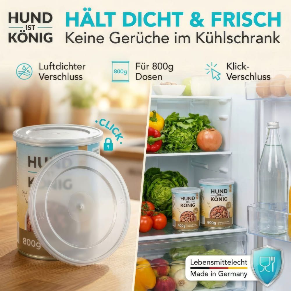 Deckel und Dose mit Aufschrift HUND IST KÖNIG. Kühlschrank mit Futterdosen. Text: Hält dicht & frisch. Klick-Verschluss.