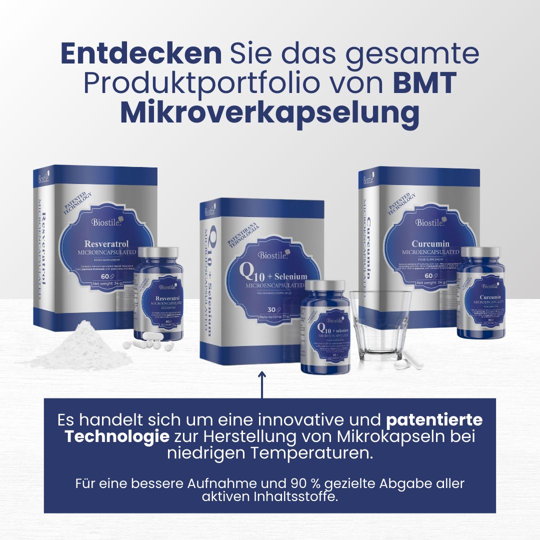 Biostile BMT Mikroverkapselung: Produktportfolio mit Resveratrol, Q10, Selen und Curcumin.