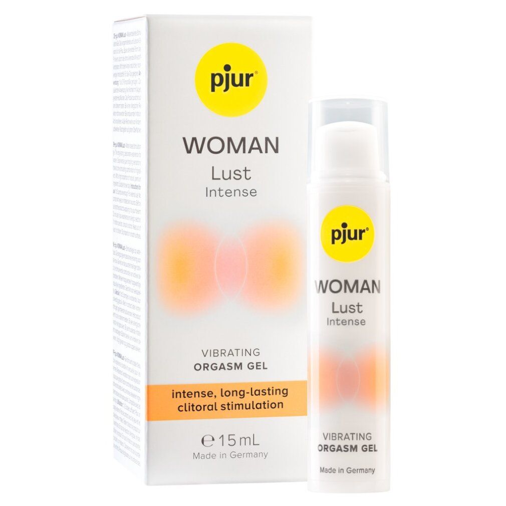 Produktverpackung und Flasche. Text: WOMAN Lust Intense, Vibrating Orgasm Gel, intense, long-lasting clitoral stimulation, 15ml, Made in Germany.