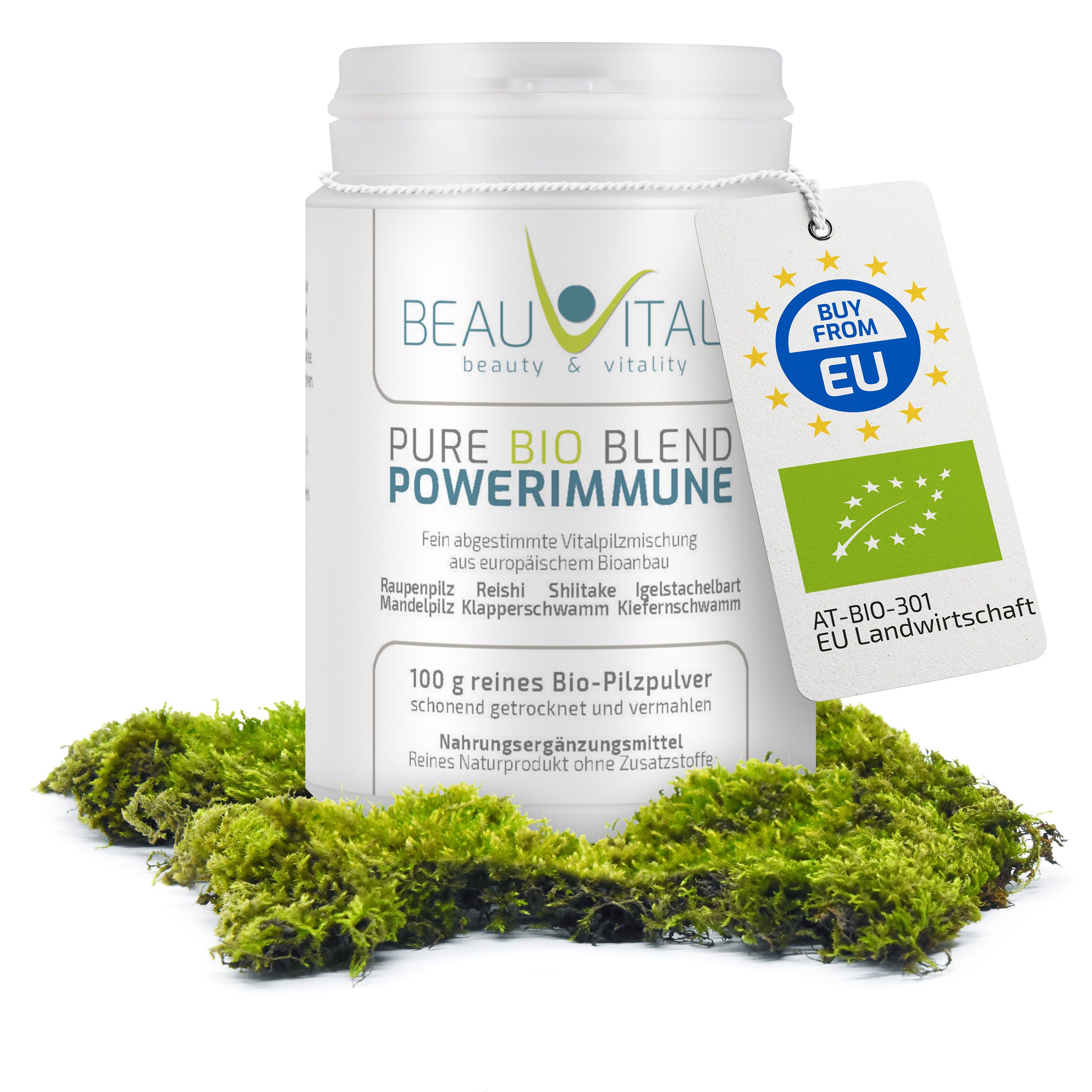 BEAUVITAL Pure Bio Blend Powerimmune Pilzpulver in weißem Behälter mit EU Bio-Siegel.