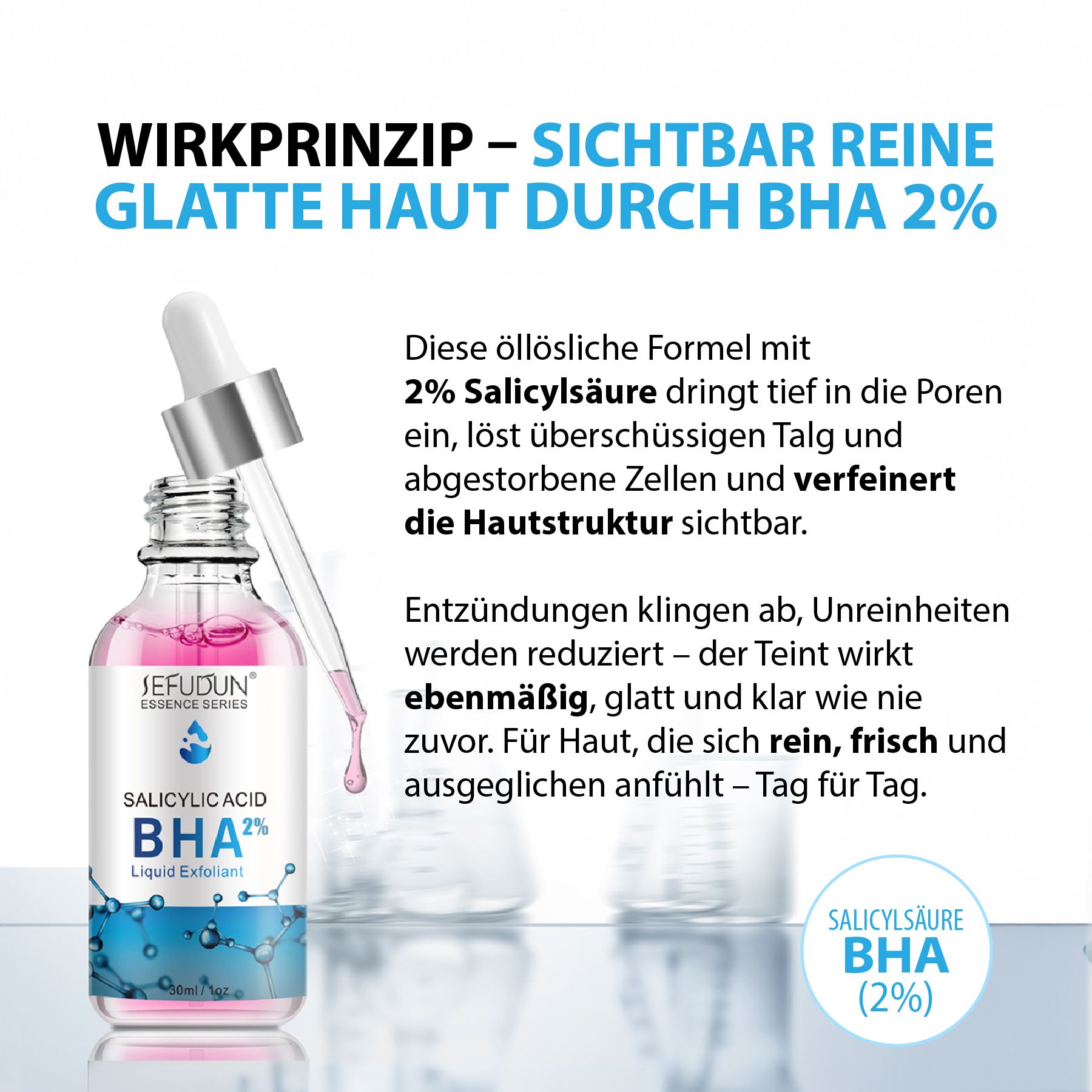 Serumflasche mit Pipette. Text: SEFUDUN, Salicylsäure BHA 2%. Text in deutscher Sprache. Hintergrund: Laborutensilien.