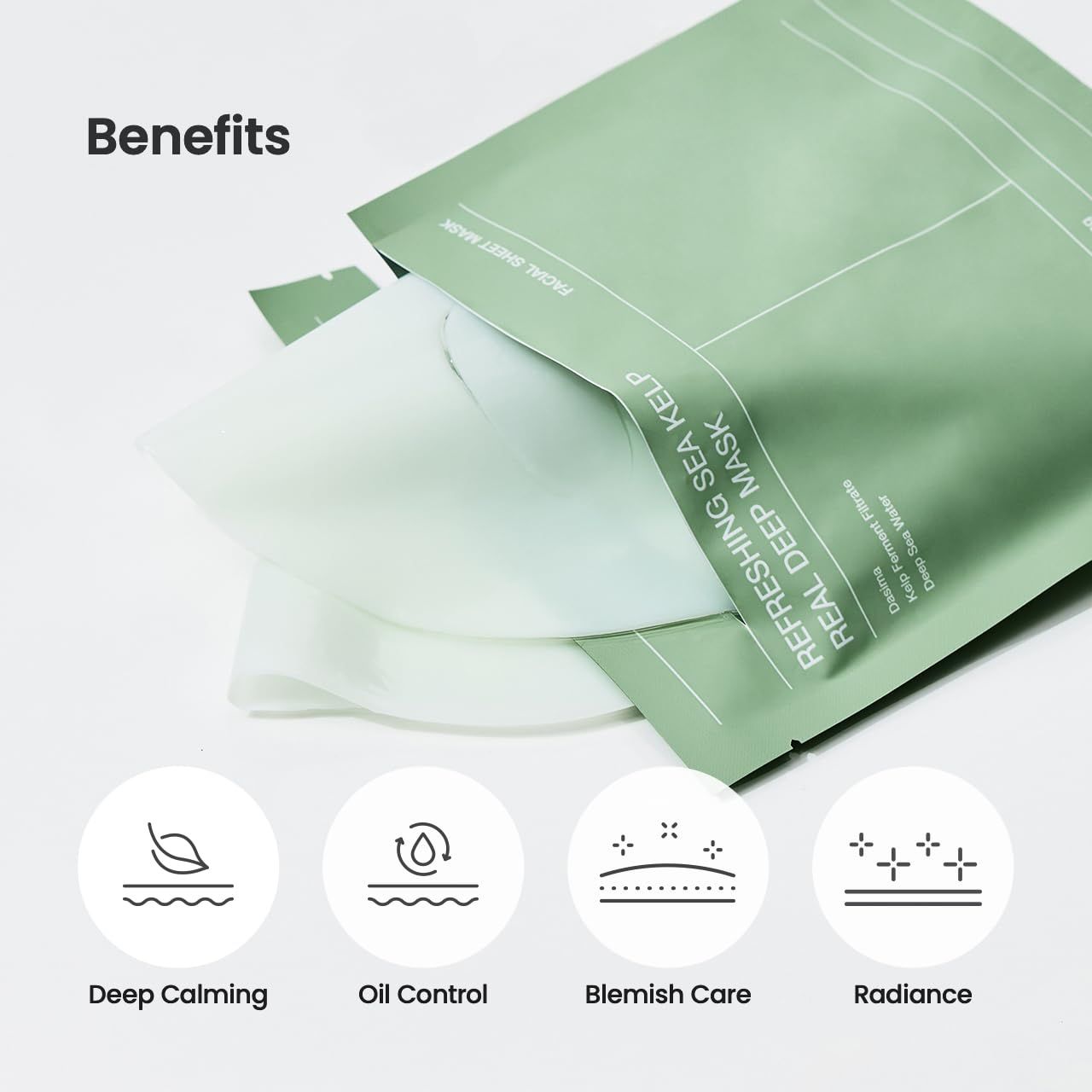 Verpackung mit Biodance Refreshing Sea Kelp Real Deep Mask. Text: Deep Calming, Oil Control, Blemish Care, Radiance.