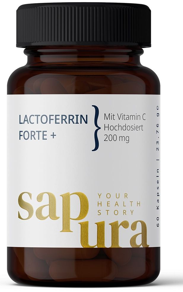 Braune Glasflasche mit schwarzen Deckel. Etikett mit "Lactoferrin Forte +", "Vitamin C", "Hochdosiert" und "sapura" Schriftzug.