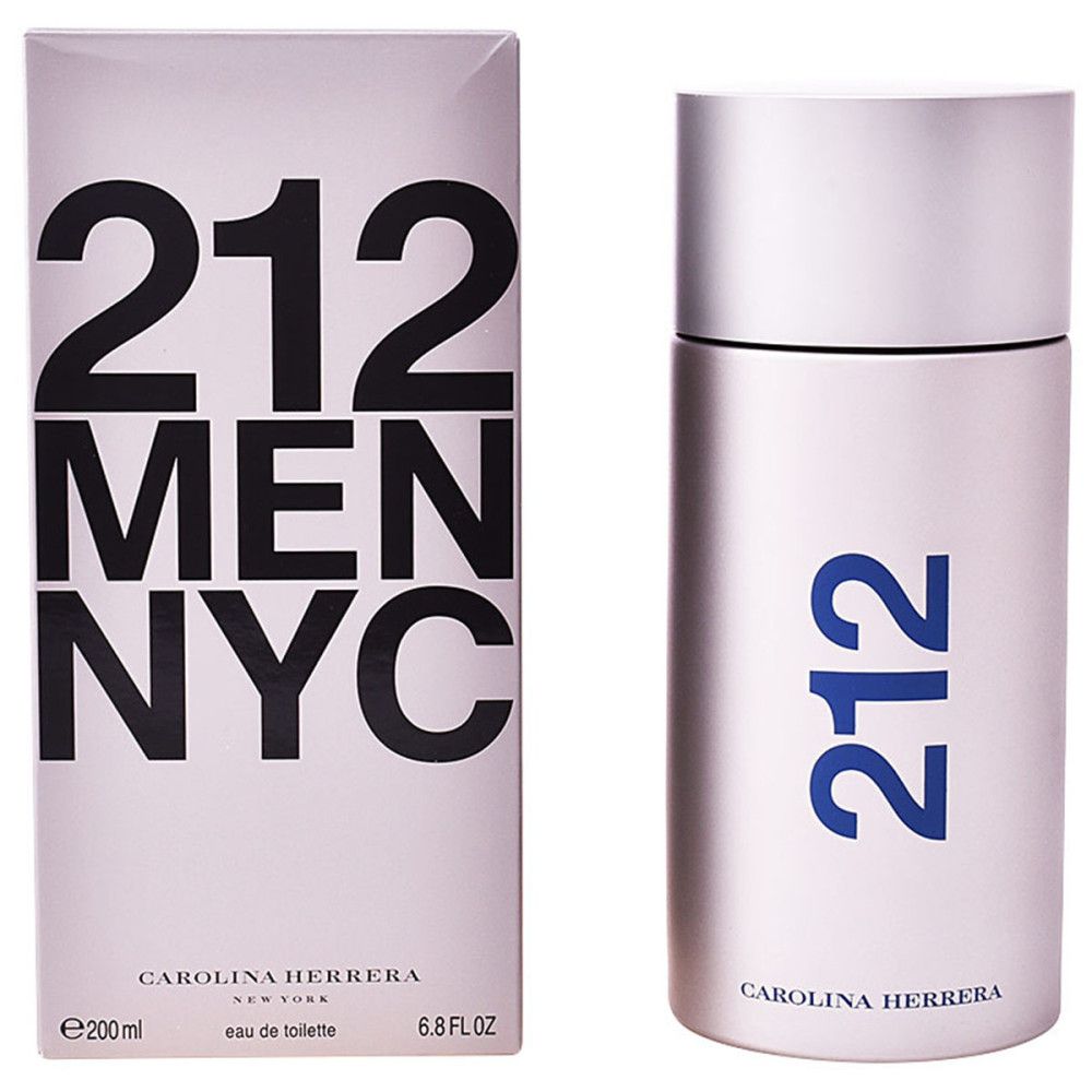 Carolina Herrera 212 Men Eau de Toilette. Flakon und Verpackung. Flakon silberfarben mit blauer Aufschrift 212. Verpackung mit Aufschrift 212 MEN NYC.