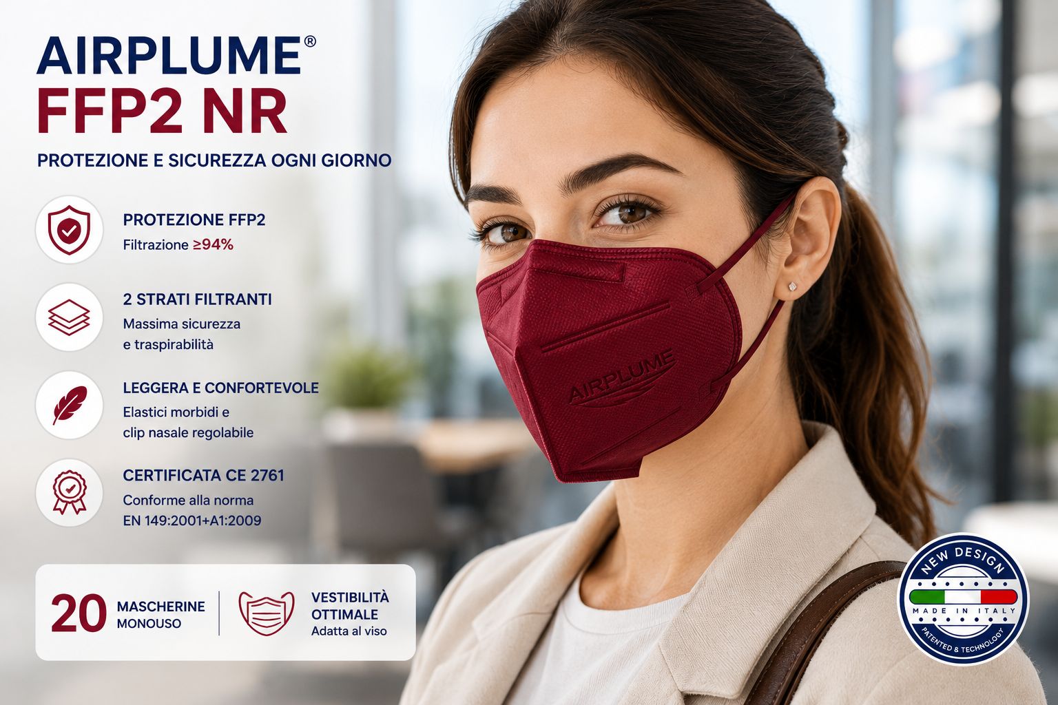 Eine burgunderrote FFP2 NR Maske mit "AIRPLUME"-Logo, getragen von einer Frau. CE 2761 zertifiziert.