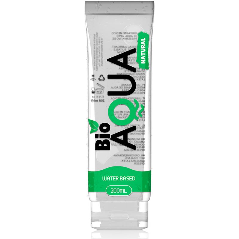 Tube mit Produktaufdruck. Aufschrift: Bio Aqua, Water Based, Natural. Grün-weiße Farbgebung. 200ml.