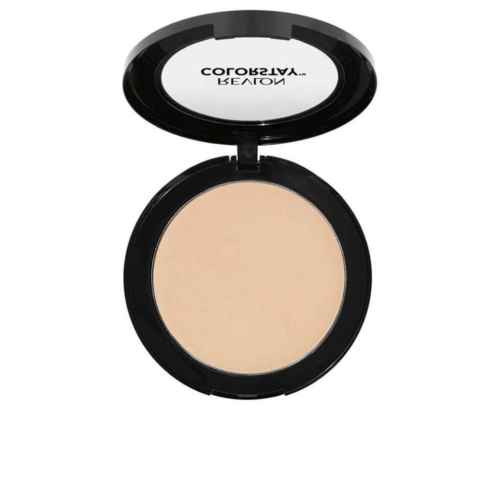 Offener, runder Puderbehälter. Beige Puder, Spiegel im Deckel. Aufschrift: Revlon Colorstay.
