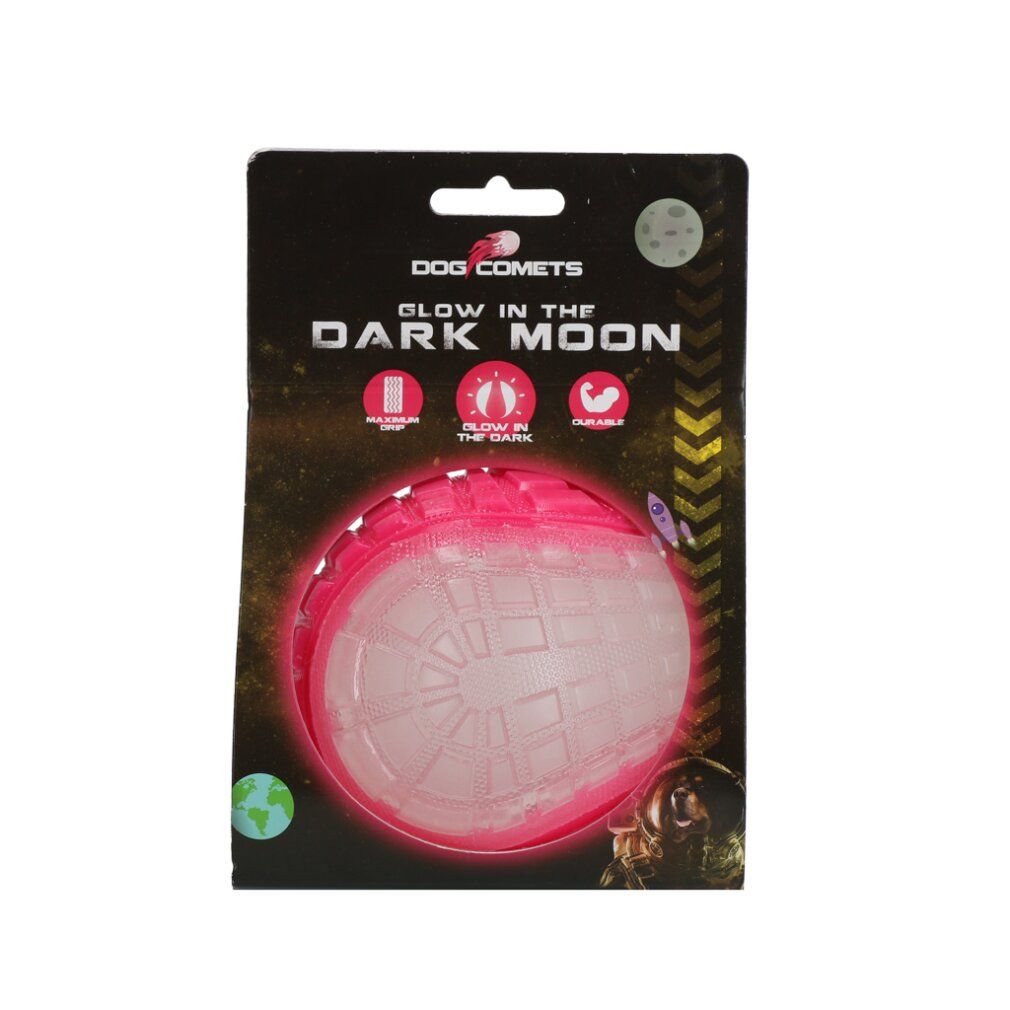 Verpackung mit rosa Hundespielzeug. Text: 'DOG COMETS GLOW IN THE DARK MOON'.