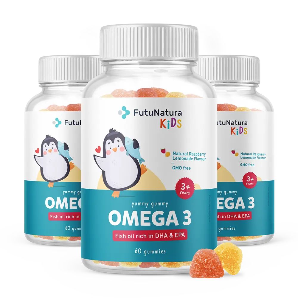 Drei Flaschen FutuNatura Kids Omega-3 Gummies. Jede Flasche enthält 60 Gummies. Aufschrift: Omega 3, 3+ Jahre.
