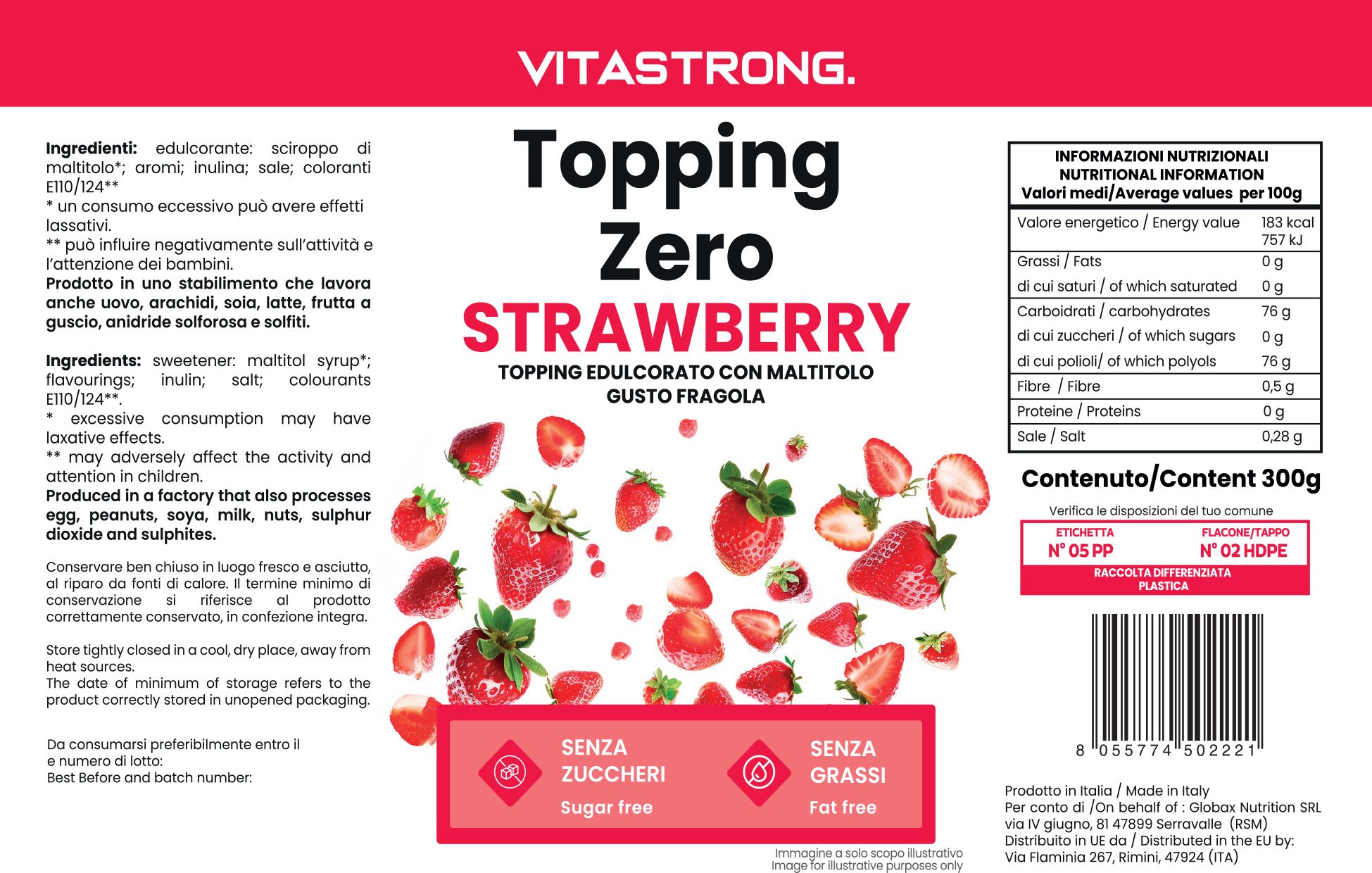 Etikett mit Produktinformationen. Enthält Text: Vitastrong, Topping Zero Strawberry, ohne Zucker und Fett. Abbildung von Erdbeeren.