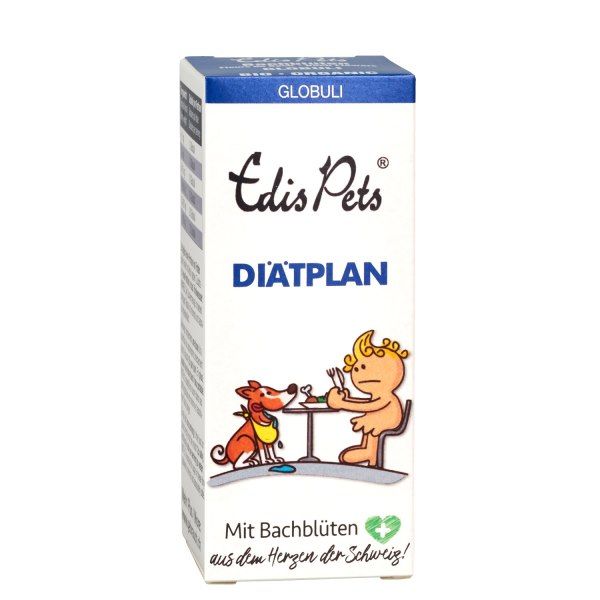 Karton "Edis Pets Diätplan". Abbildung: Hund und Person am Tisch. Text: Globuli, Bachblüten. Blauer Streifen oben.