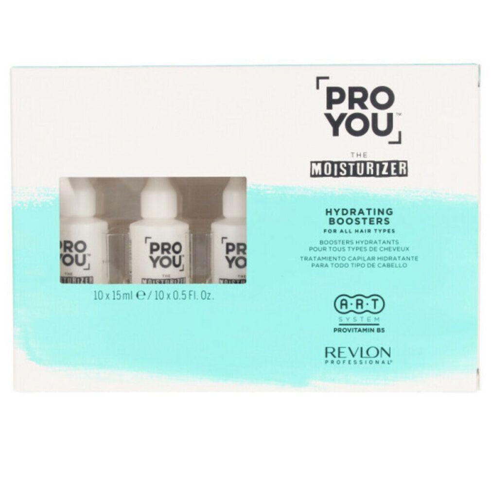 Verpackung mit drei Fläschchen. Aufschrift: PRO YOU, THE MOISTURIZER, HYDRATING BOOSTERS. Marke: Revlon.