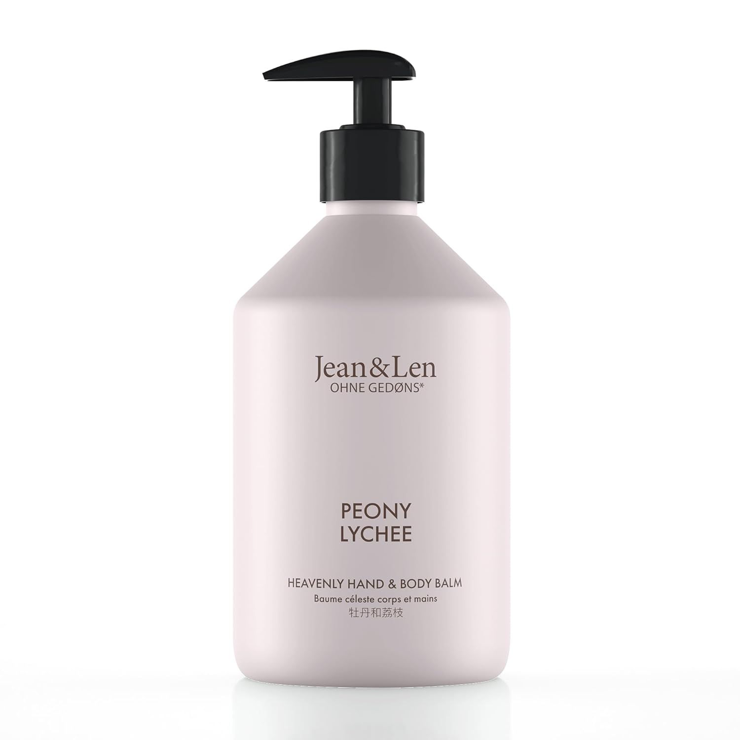 Flasche mit schwarzem Pumpkopf. Aufschrift: Jean & Len, Peony Lychee, Heavenly Hand & Body Balm.