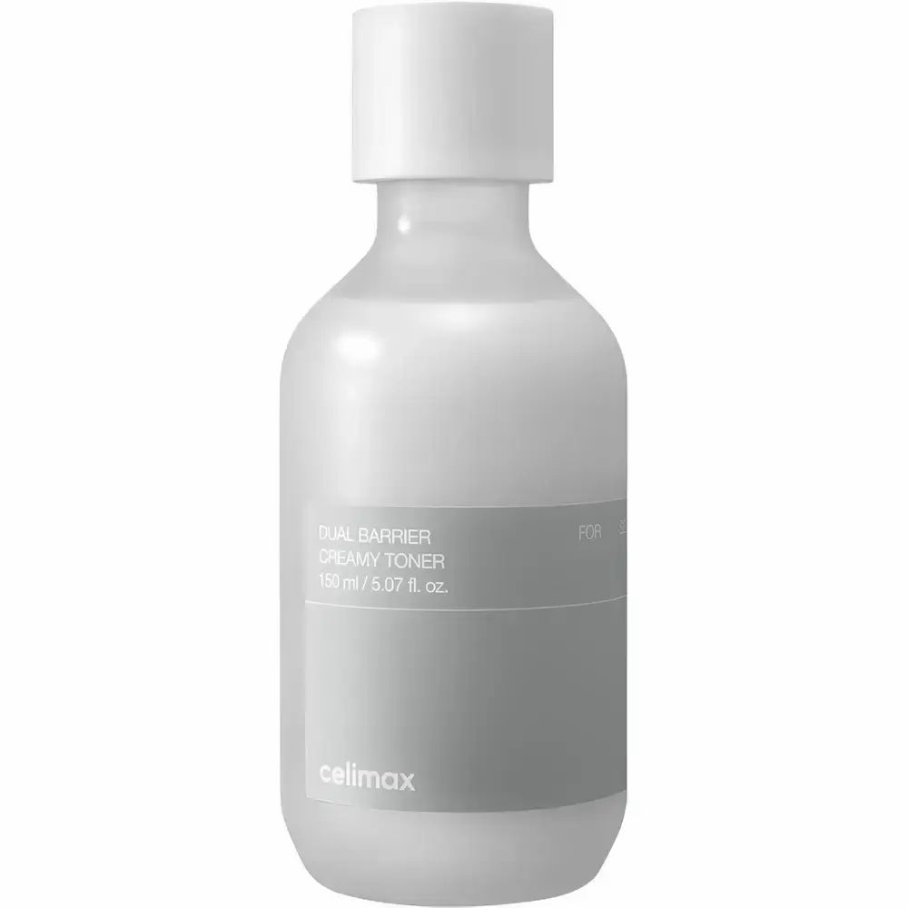 Weiße Flasche mit weißem Deckel. Aufschrift: Dual Barrier Creamy Toner. Marke: celimax.