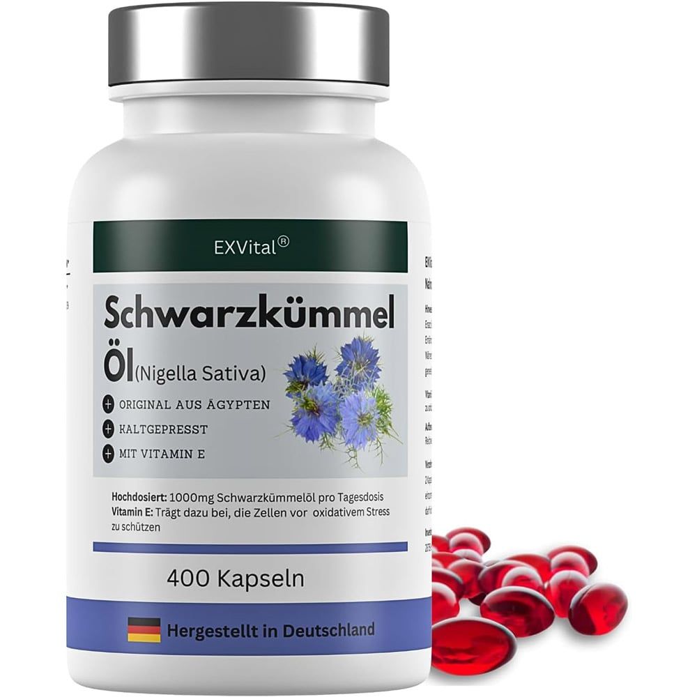 Weiße Flasche mit schwarzen Kapseln. Aufschrift: EXVital, Schwarzkümmel Öl, 400 Kapseln. Hergestellt in Deutschland.