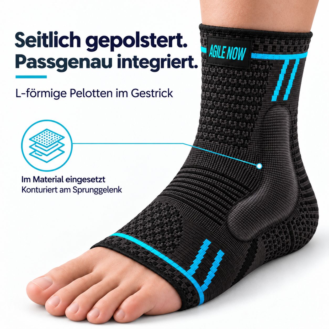 Schwarze Sprunggelenkbandage mit seitlichen Polstern und L-förmigen Pelotten im Gestrick.