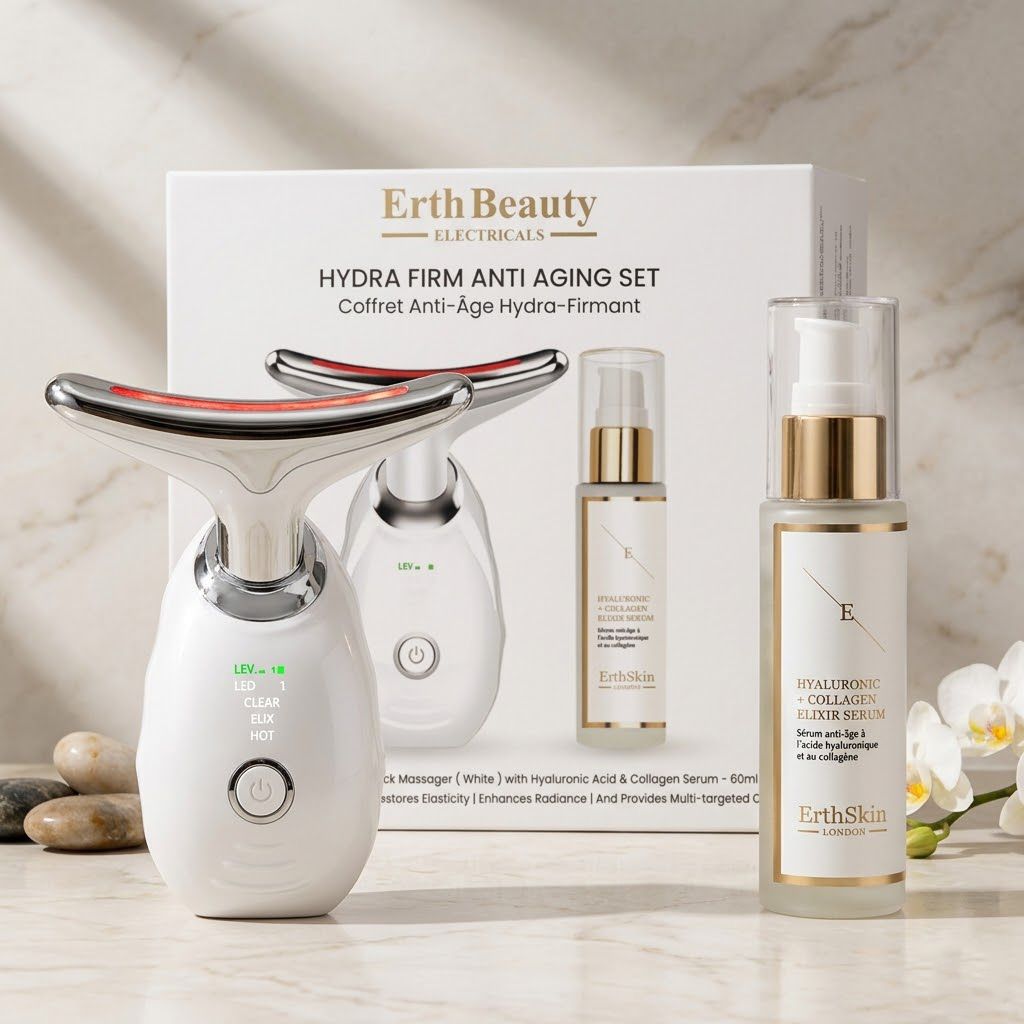 Erth Skin London Hydra Firm Anti-Aging Set mit zwei Hals-LED-Massagegeräten und Hyaluronsäure-Kollagen-Elixier-Serum.